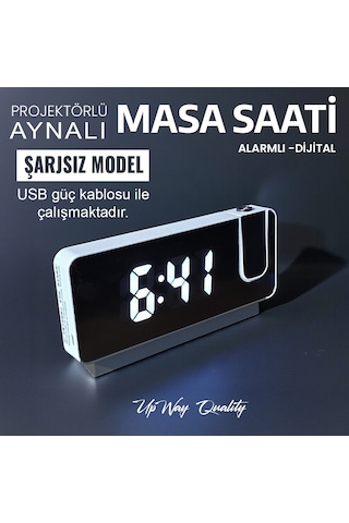 Upway Projektörlü Aynalı Dijital Masa Saati Ayarlanabilir Lazer Yansımalı Beyaz