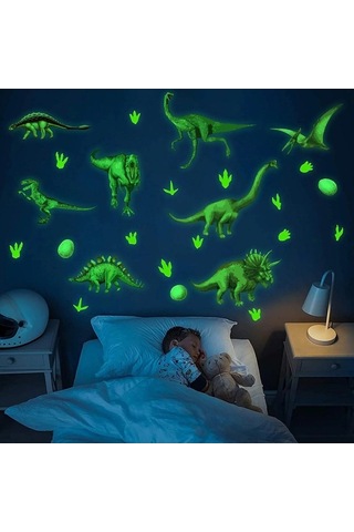 Opulentliving Yeşil Dinozor Glow Duvar Stickerı, Pvc, Çocuk Oda Dekoru, Yeniden Kullanılabilir, 4 Adet Set