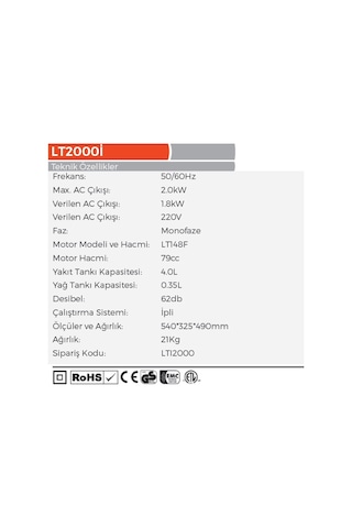 Lutian LT2000İ Yeni Nesil Euro 5 Sessiz 2 KW - 21 KG Benzinli İnverter Jeneratör