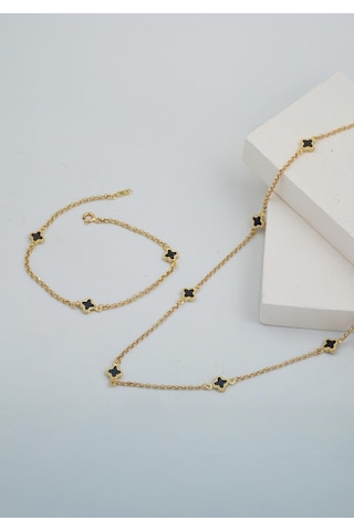 Bilezikci Oniks Taşlı Yonca 14 Ayar Altın Set Takımı