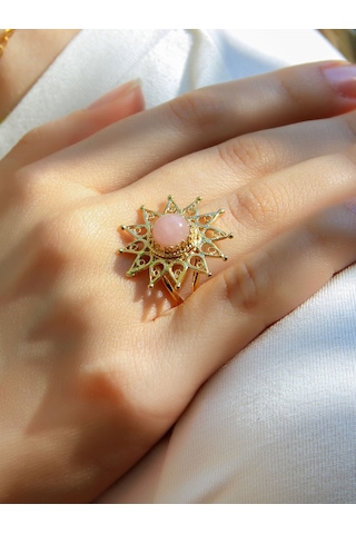 Esha Store Doğal Taş Pembe Kuvars Doğal Taşlı Yıldız Model Telkari Kadın Ayarlanabilir Altın Kaplama Yüzük Euy6 Pembe