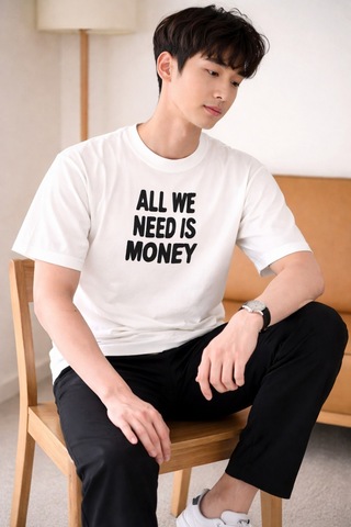 Tarz Cool Erkek Oversize Tişört Baskılı All We Need Is Money Yazılı Basic Streetwear T-shirt Beyaz