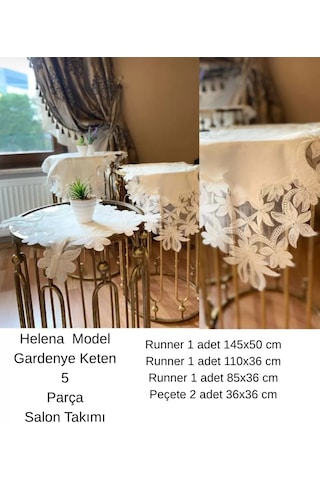 Northcity Salon Takımı Çeyizlik Helena Model Krem 5 Parça Keten Dantelli Runner Seti A.Ağaç