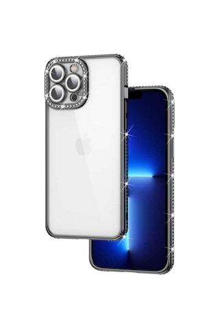 Apple Uyumlu iPhone 12 Pro Max Kılıf Kamera Korumalı Taşlı Zore Mina Kapak Siyah