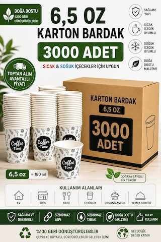 6,5 Oz Karton Bardak 3000 Adet Sıcak & Soğuk İçecek Uyumlu Tek Kullanımlık Dayanıklı Kağıt Bardak