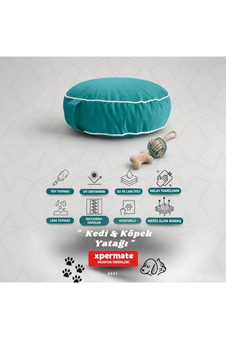 Xpermate Fermuarlı Kedi ve Köpek Minderi Yuvarlak Kedi Minderi Yıkanabilir Kedi Köpek Yatağı Turkuaz