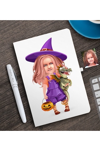 Kişiye Özel Küçük Cadı Karikatürlü Beyaz Defter Ve Kalem S