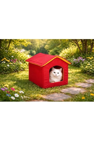 Pırıl Dış Mekan Su Geçirmez Sabitlenebilir Fermuarlı Jumbo Kedi Köpek Evi Sarı Kırmızı 52x48x48cm