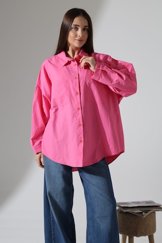 Yeni Sezon Poplin Kumaş Çift Cepli Oversize Pamuklu Kadın Tunik Gömlek Pembe
