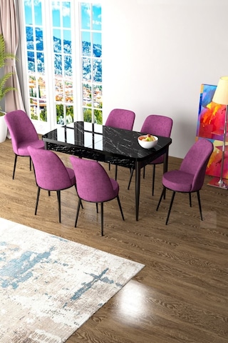 Canisa Concept Zen Serisi 80x132 Mdf Açılabilir Siyah Mermer Desen Masa Takımı Ve 6 Mor Sandalye Masa Siyah Sandalyeler Mor