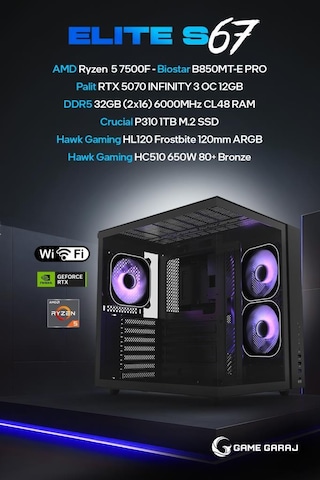 Game Garaj Elite S67 R5-7500F 32 GB 1 TB SSD 12 GB RTX5070 Free Dos Masaüstü Oyuncu Bilgisayarı