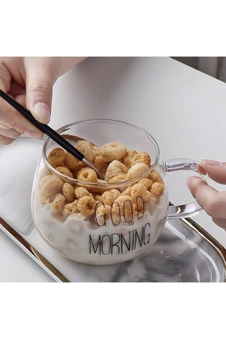Leylart 2 Li Good Morning Günaydın 400 Ml Borosilikat Cam Kupa Beyaz