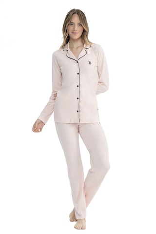 U.s. Polo Assn. 11000 Kadın Boydan Düğmeli Patlı Uzun Kol Pijama Takım V3 Pembe Pembe