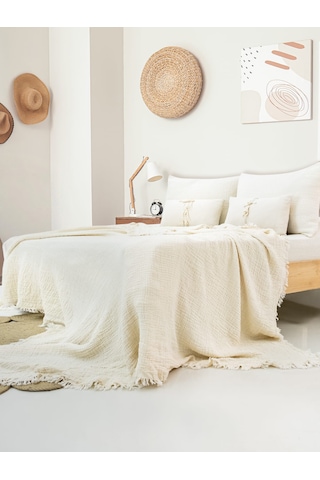 4 Katlı Müslin Yatak Örtüsü - Ekru Renk Çift Kişilik Pike Ekru