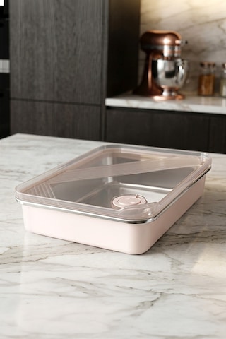 Stainless Paslanmaz Çelik Vakumlu Saklama Kabı,fırın Ve Kek Kabı 3 Lt Yemek Kabı Sefer Tası Pembe