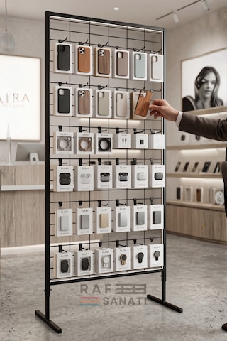 90x190 Cm Ayaklı Tel Pano Metal Stand Duvara Monte Grid Panel Mağaza Market Telefoncu Bijuteri Askılık Standı Siyah