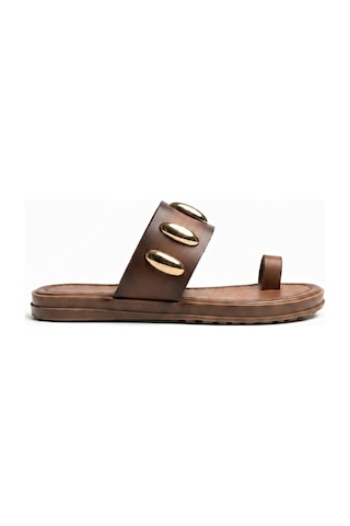 Giamgia Store Giamgia Kadın Kahvarengi Altın Zımbalı Düz Parmak Arası Terlik-2404 Kahverengi