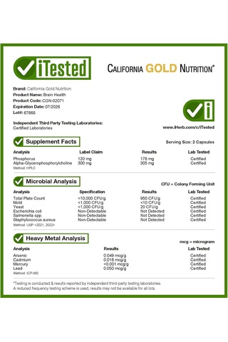 California Gold Nutrition Brain Health Alpha Glycerophosphorylcholine Memory Cognitive Calcium Phosphatidylserine 60 Veggie Caps