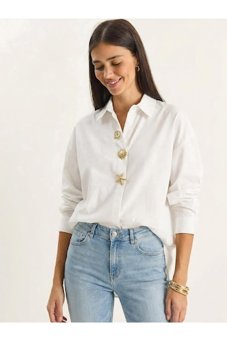 Shade Kadın Gold Düğme Aksesuarlı Poplin Gömlek 7508 60283943 - Beyaz