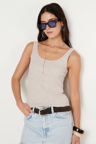 AC&Co / Altınyıldız Classics Kadın Bej Melanj Pamuklu Kaşkorse Yumuşak Dokulu Slim Fit Dar Kesim Bisiklet Yaka Esnek Body