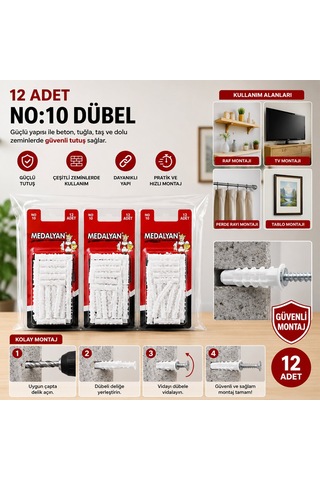 Medalyan Dl-48 Beyaz Plastik Dübel No 10 - 12 Adet- 12'li Paket Diğer
