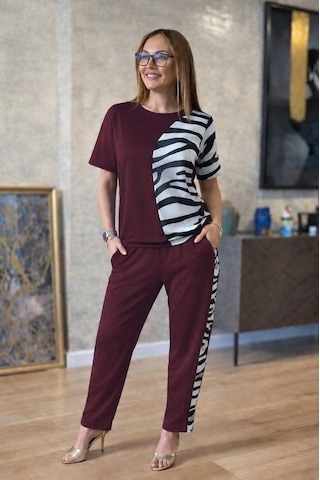 Valensdesign Kadın Kısa Kollu Bisiklet Yaka Zebra Desen Bluz Ve Pantolon Ikili Takım Bordo