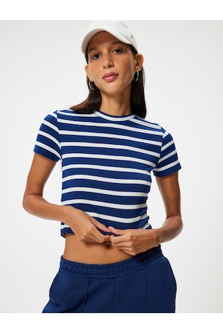 Koton Basic Tişört Kısa Kollu Bisiklet Yaka Slim Fit Lacivert Çizgili 5wal10227ık Lacivert