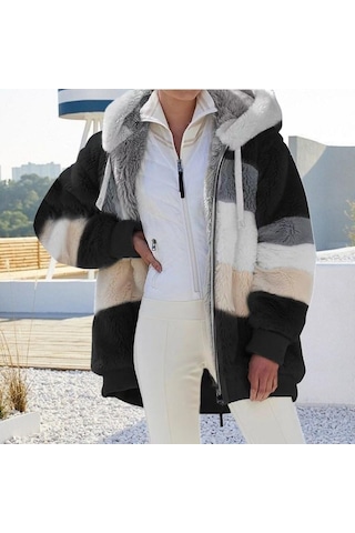 Kış Kadın Moda Kapşonlu Sıcak Gevşek Ceket Kadınlar İçin Patchwork Giyim Fermuar Bayanlar Artı Boyutu Kazak Haki