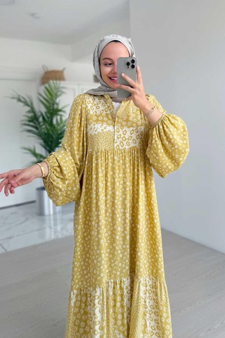 Çiçek Desenli Kuşaklı Elbise - Sarı Sarı