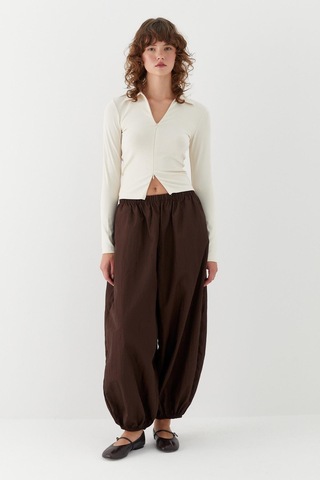 Polo Yaka Önden Gizli Fermuarlı Bluz Ekru Ekru