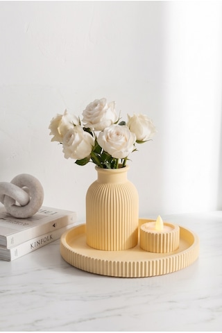 Senfoni Vazo Dekoratif Set - Modern Minimalist Estetik Tasarım Dekoratif Set - Pilli Mum, Mumluk Ve Tepsi Dahil Ev Ofis Salon Dekorasyonu İçin Şık Kompozisyon - Ahenk Tasarım Bej