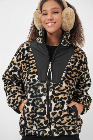 Bigdart Gabria Leopar Desen Fermuarlı Peluş Mont Siyah