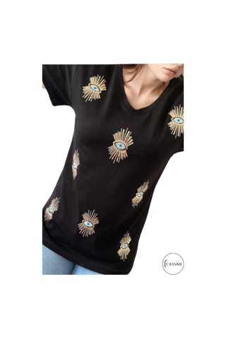 Cassime Kadın Kadın Siyah V Yaka Göz Pul Ve Nakış Işlemeli Tişört S-m-l-xl-2xl-3xl
