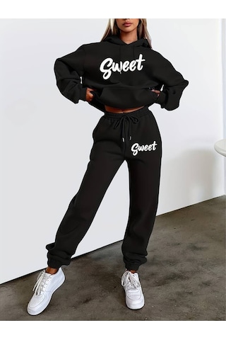 Hırsch Kadın Siyah Oversize Basic Kapüşonlu Paçası Lastikli Sweet Baskılı Pamuklu Eşofman Takımı Siyah