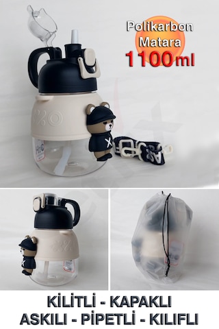 Polikarbon Figürlü Matara - 1100ml Siyah - Beyaz
