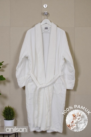 %100 Pamuk Biyeli Kadife Waffle Bornoz - Şalyaka Otel Bornozu, Spa İçin İdeal Günlük Kullanıma Uygun Krem