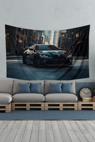 Siyah Spor Araba Desenli Duvar Halısı Duvar Örtüsü Tapestry Süet Dokulu Kumaş