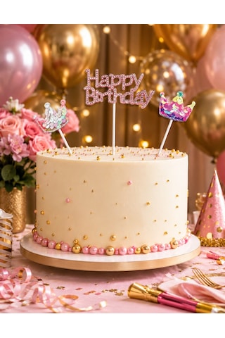 Pasta Üstü Çubuklu Happy Birthday Taşlı Pullu 3 Parça Süs Doğum Günü Parti Dekoru +3