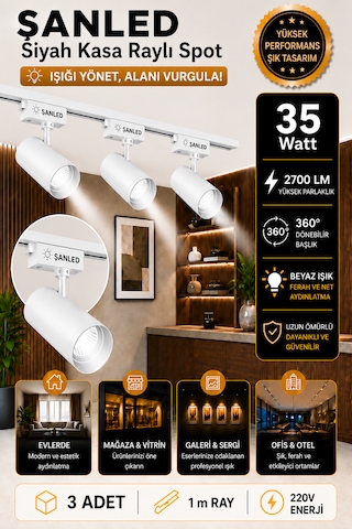 Led Beyaz Kasa Beyaz Işık 35w Raylı Spot / 3 Adet 1 Metre Ray