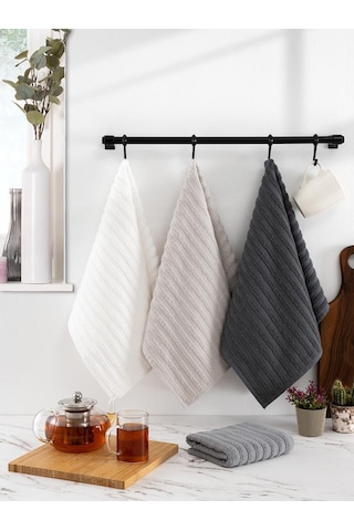 Mutfak Havlu Şal Seti 4 Lü Ramla Softline Çizgili Dokuma Renkli - 40x65 Cm Antrasit - Krem