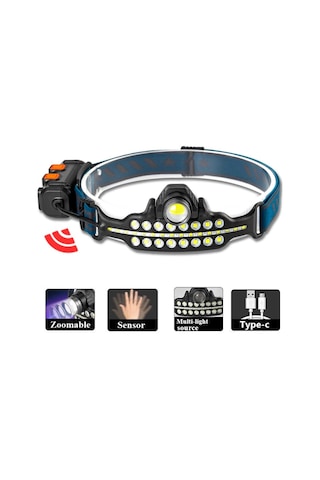 Fithome W690 7 Aydınlatma Modlu Xpe Cob Led Sensörlü Dahili Pilli Usb Şarj Edilebilir Kafa Feneri Mavi - Siyah