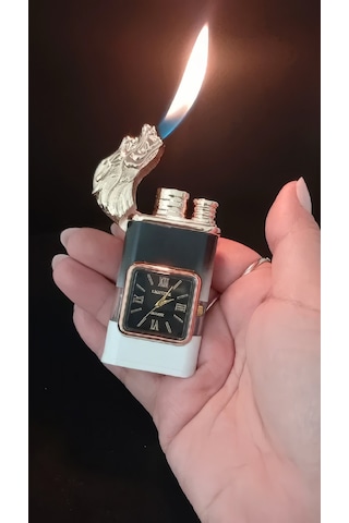 Lüks Tasarım Ejder Figürlü Roma Rakamlı Saatli Gazlı Çakmak Çok Renkli