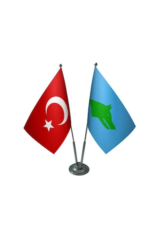 Masa Üstü Göktürk Bayrağı Türk Bayrağı İkili Krom Direk Masa Bayr
