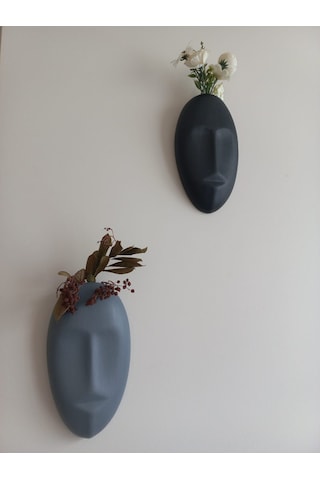 Dekoratif 2'li Yüz Duvar Vazosu, Duvar Süsü ,heykel Aksesuar Siyah Gri