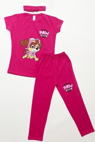 Kız Çocuk Taytlı Takım Saç Bandı Hediyeli Baskılı C64 Fuşya