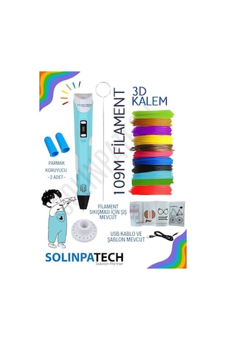 Mavi 3D Kalem 3D Pen Yazıcı Kalem | 20 Adet 5 Metre (Toplam 100 Metre) Filament + USB KABLO