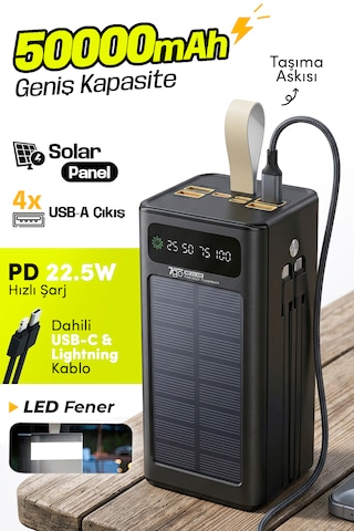 7go Gpw-01 50.000 Mah Solar Powerbank 22.5 W Hızlı Şarj, Dahili Kablolu, Led Ekranlı Taşınabilir Ş Siyah