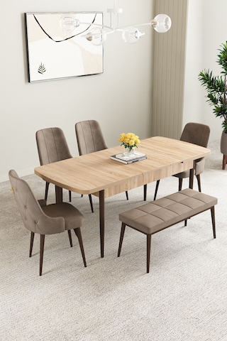 Clara Meşe Desen 80x132 Açılabilir Mdf Masa Yemek Odası Takımı,mutfak Takımı 4 Sandalye 1 Bench Cappucino
