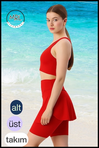 Kadın Takım Alt - Üst Biker Şort Diz Üstü &crop Bra Ped Destekli Denizde Havuzda Sporda Kırmızı Kırmızı