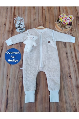 Tomuycuk Kışlık Bebek Çocuk Uyku Tulumu %100 Pamuklu Fermuarlı Ayaklı Uyku Arkadaşı 1 -2 2-3 3-4 Yaş Bej
